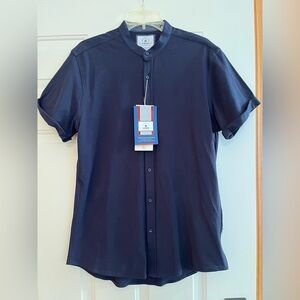 New mens 100% cotton blue fitted button mandarin collar short sleeve shirt.Large